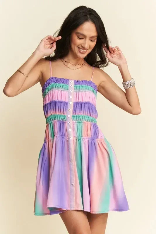 Davi & Dani Multi Color Ombre Printed Bodice Button Up Dress - DAVERRI FASHIONS