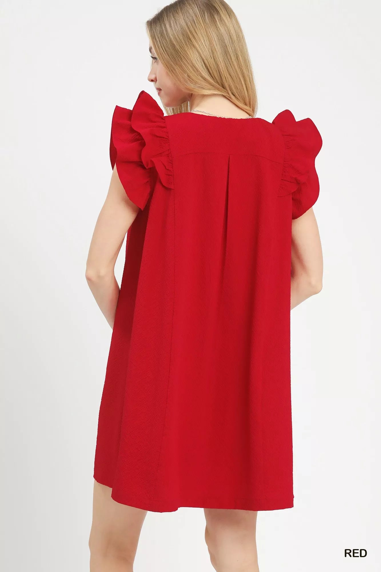 Vibrant red Umgee Seersucker Ruffle Shift Dress with sleeveless ruffled shoulders