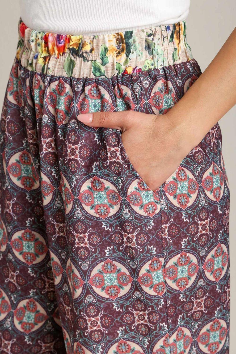 Umgee Full Size Mixed Print Elastic Waistband Pants Plus Size Pants
