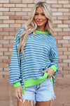 Blue and neon green striped oversized high-low long sleeve sweatshirt