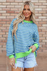 Blue and neon green striped oversized high-low long sleeve sweatshirt