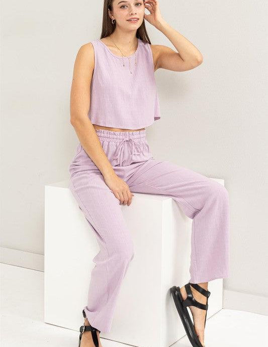 D-Linen Blended Top and Pants Set Outfit Sets