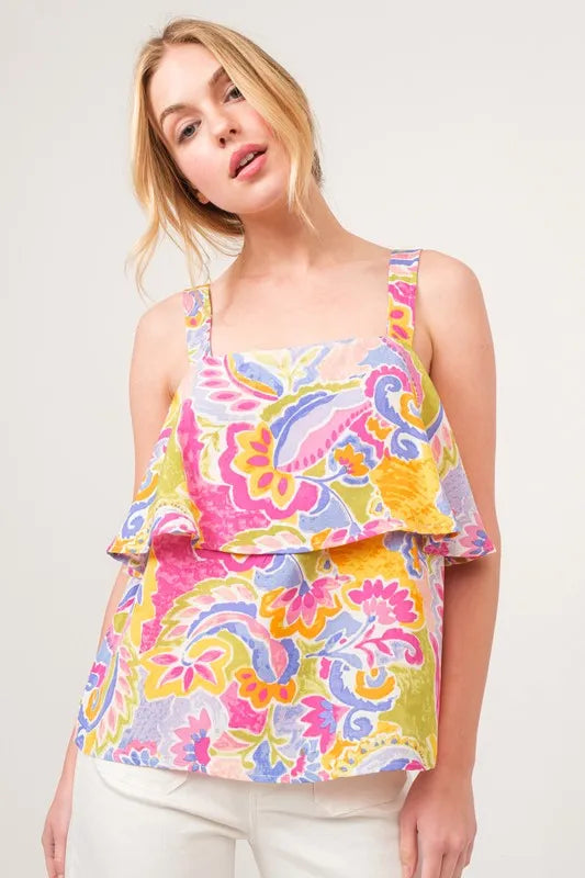And The Why Square Neck Tiered Paisley Printed Top Tops
