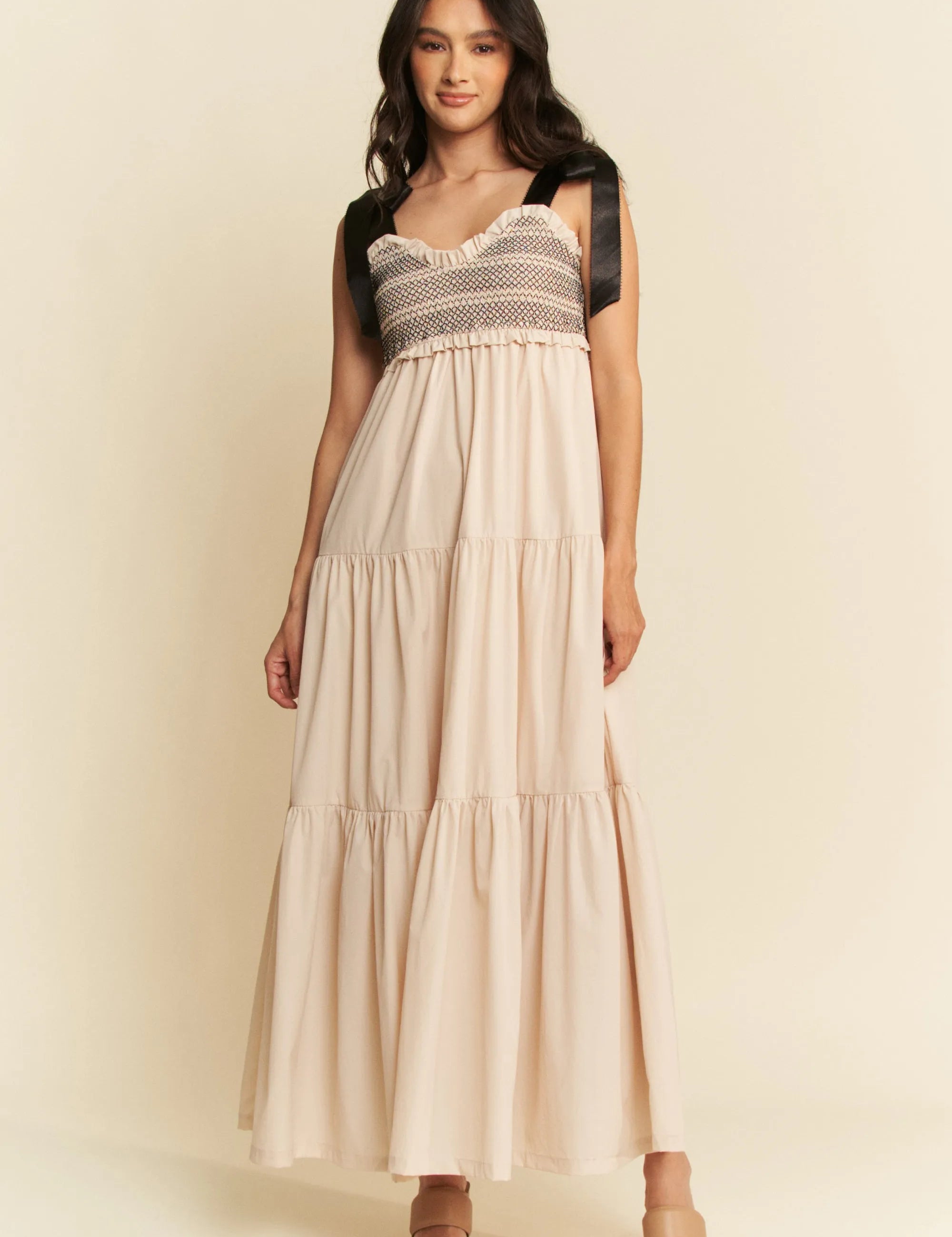 BEIGE Davi & Dani Multi Contrast Smocked Bodice Straps Maxi Dress | Maxi Dresses Daverri Fashions