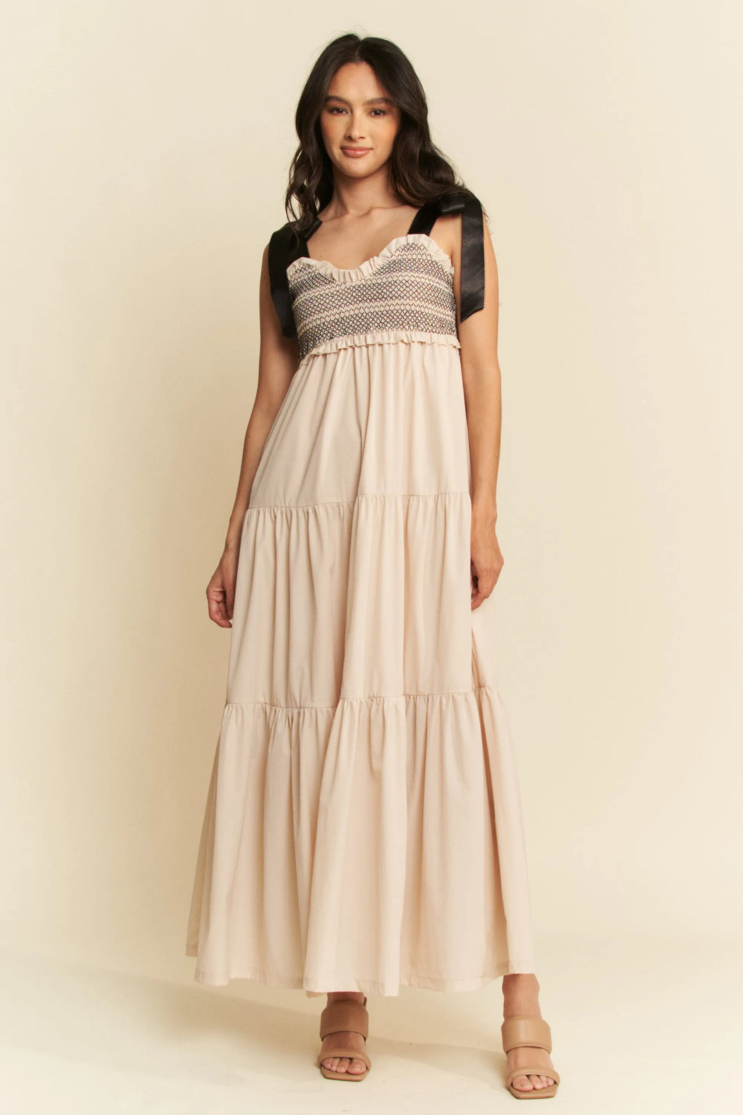 Davi & Dani Multi Contrast Smocked Bodice Straps Maxi Dress BEIGE Maxi Dresses