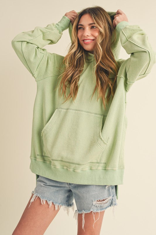 Aemi + Co Exposed Seam Side Slit Hoodie with Kangaroo Pocket Sage