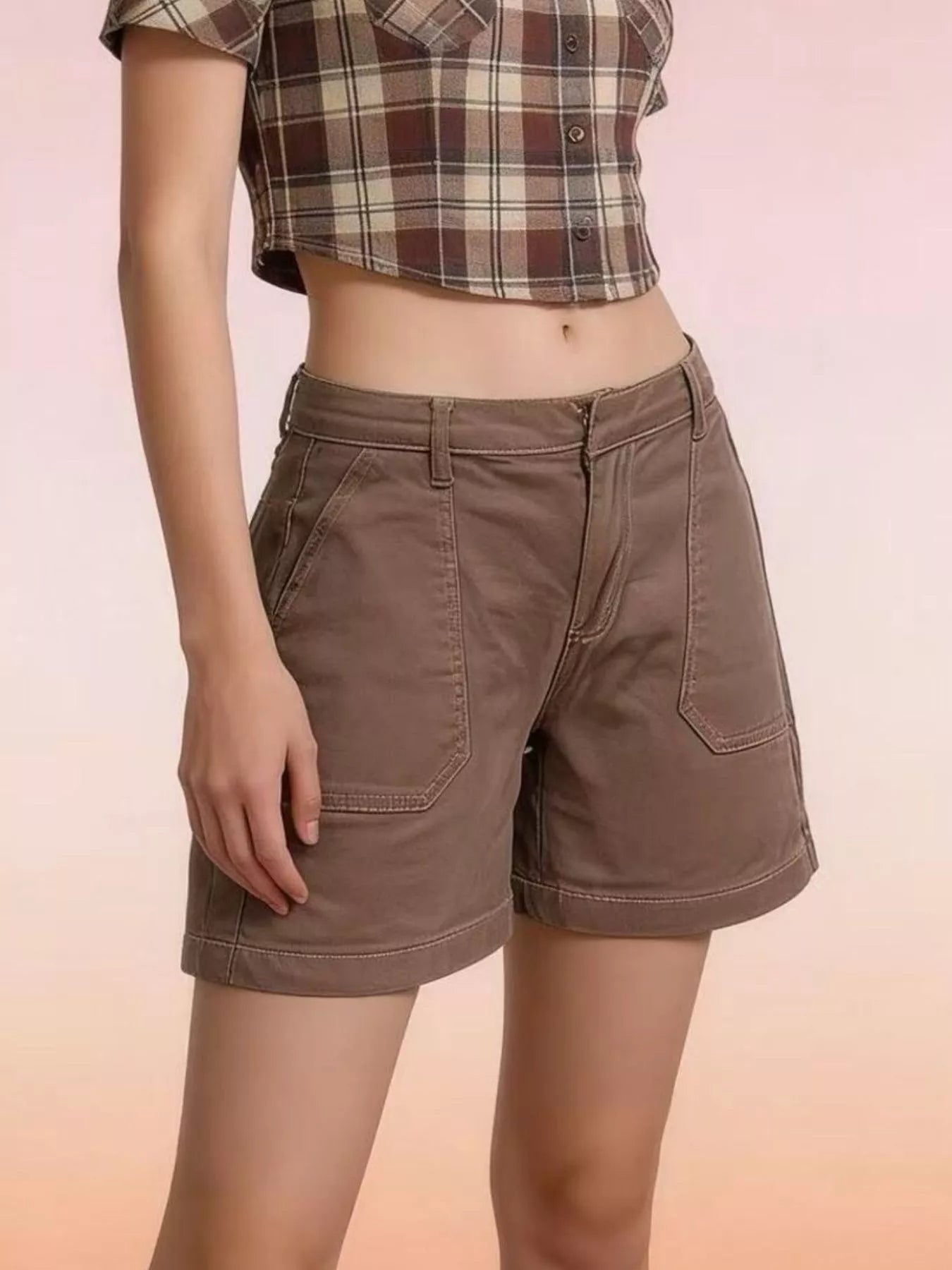 Daverri Pocketed Denim Shorts: brown relaxed fit with front pockets, rolled cuffs