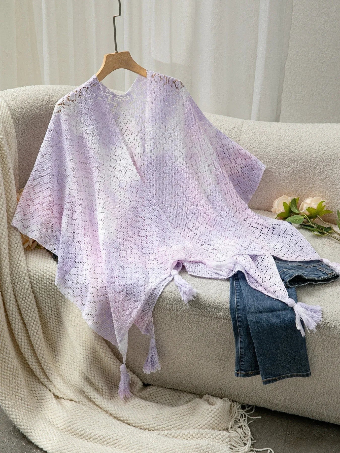 Delicate lavender Daverri openwork tassel gradient knit shawl with subtle gradient and trim