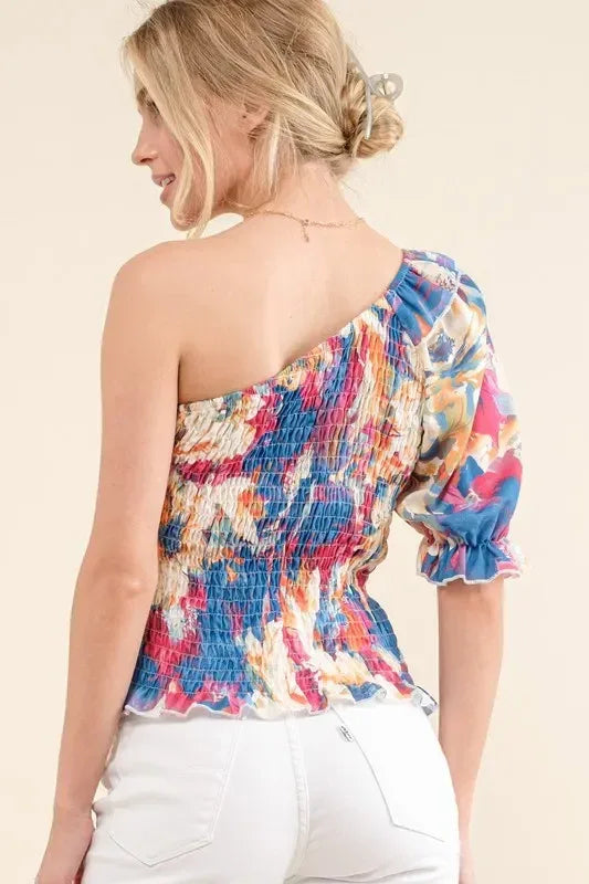 And The Why Allover Floral Print Smocked One Shoulder Blouse - DAVERRI FASHIONS