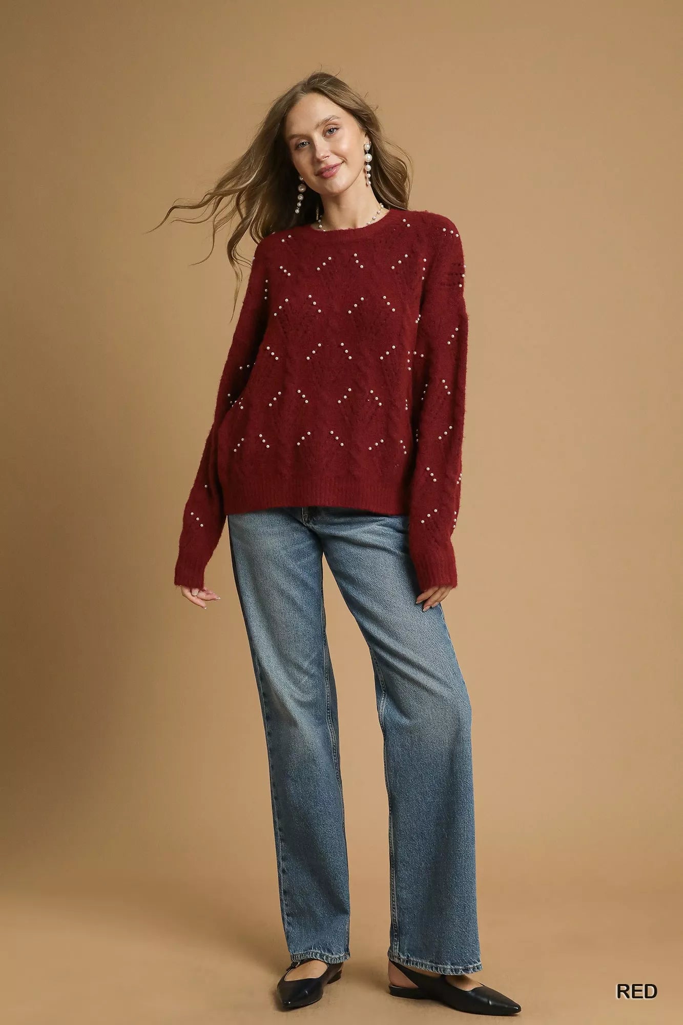 Umgee Pearl-Embellished Long Sleeve Sweater | Sweaters Daverri Fashions
