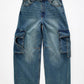 Vintage Wash Wide Leg Cargo Jeans in blue denim with large side pockets