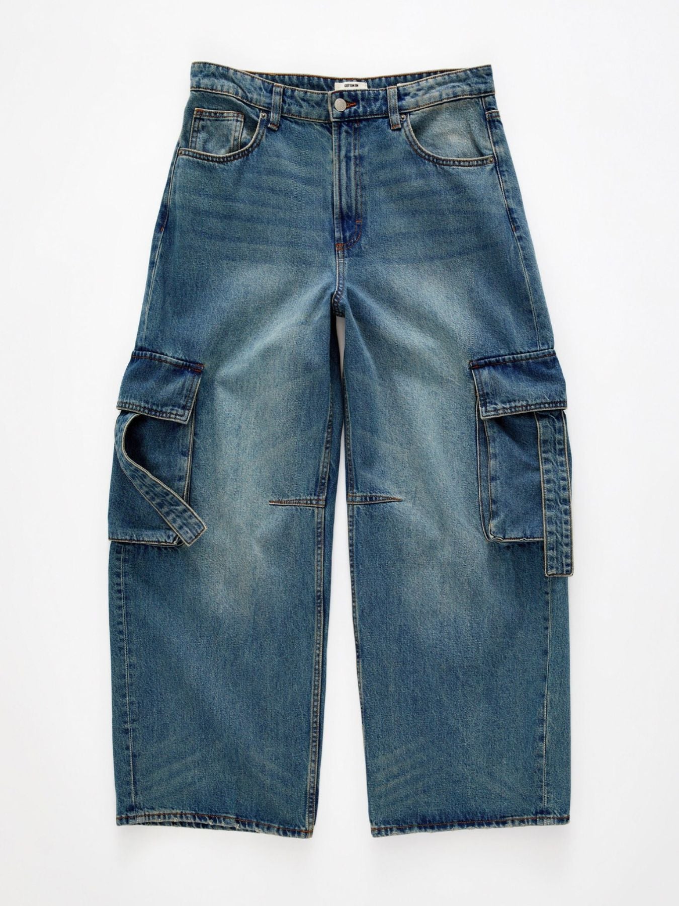 Vintage Wash Wide Leg Cargo Jeans in blue denim with large side pockets