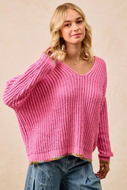 BiBi V-Neck Sweater with Colorful Trim | Daverri Fashions