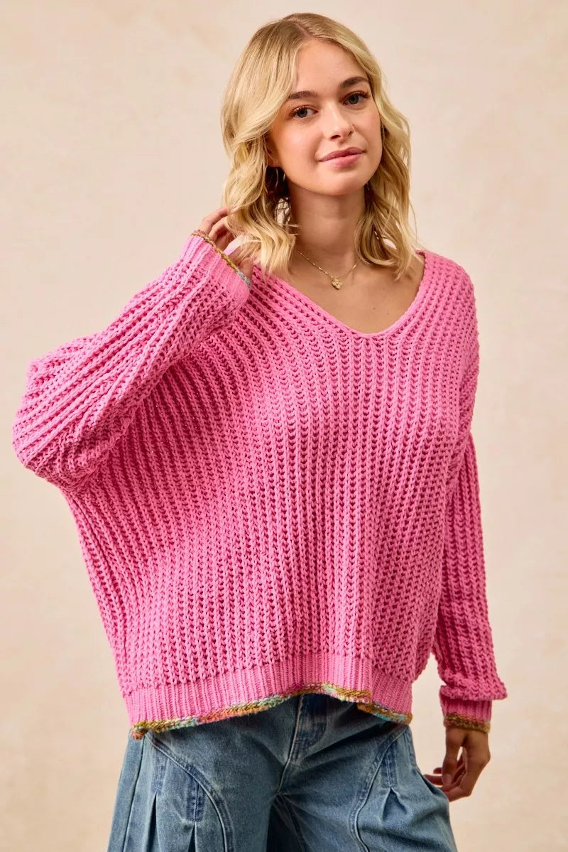 BiBi V-Neck Sweater with Colorful Trim | Daverri Fashions