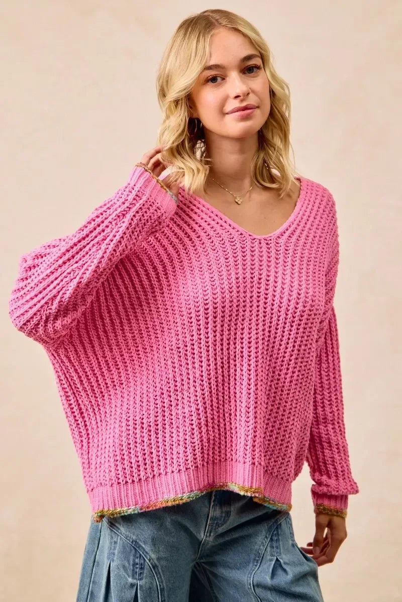 BiBi V-Neck Sweater with Colorful Trim - DAVERRI FASHIONS