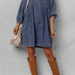 Tie Neck Long Sleeve Mini Denim Dress - DAVERRI FASHIONS