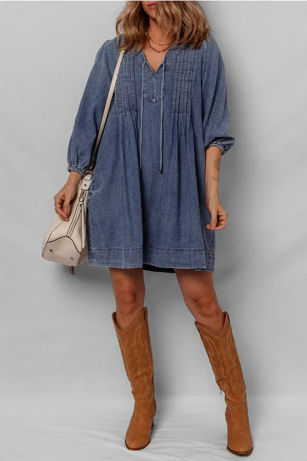 Tie Neck Long Sleeve Mini Denim Dress - DAVERRI FASHIONS