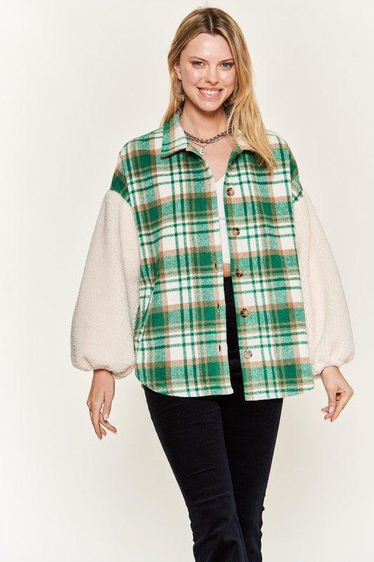 Jade by Jane Plaid Teddy Sleeve Shacket Shackets