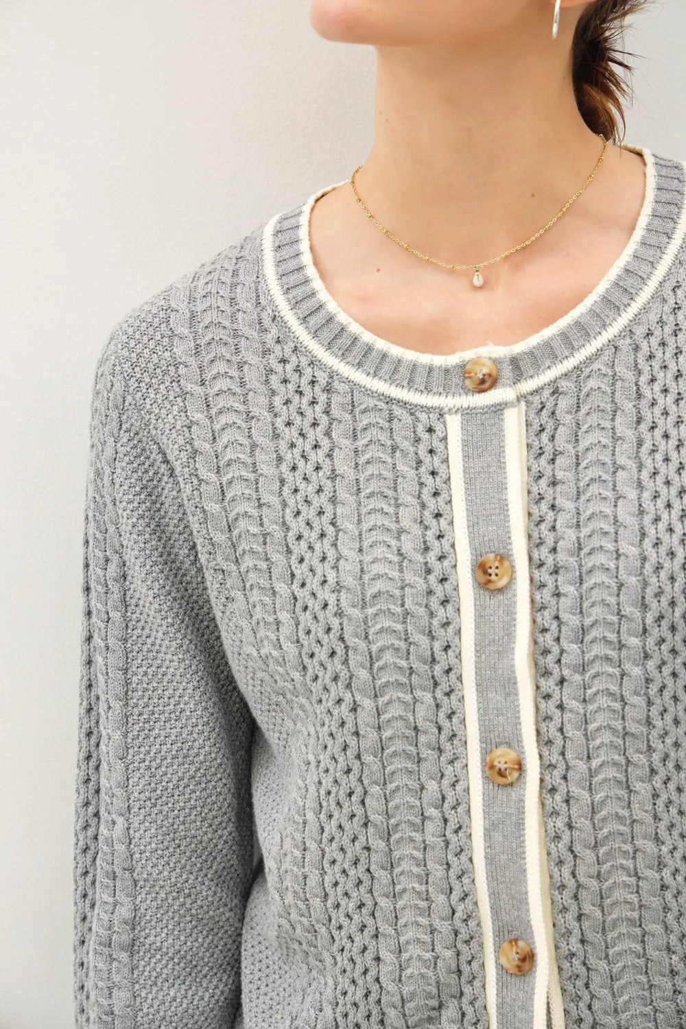 Be Cool Cable Knit Long Sleeve Contrast Edge Cardigan | Cardigans Daverri Fashions