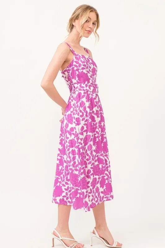 And The Why Square Neck Belted Floral Printed Midi Dress - DAVERRI FASHIONS