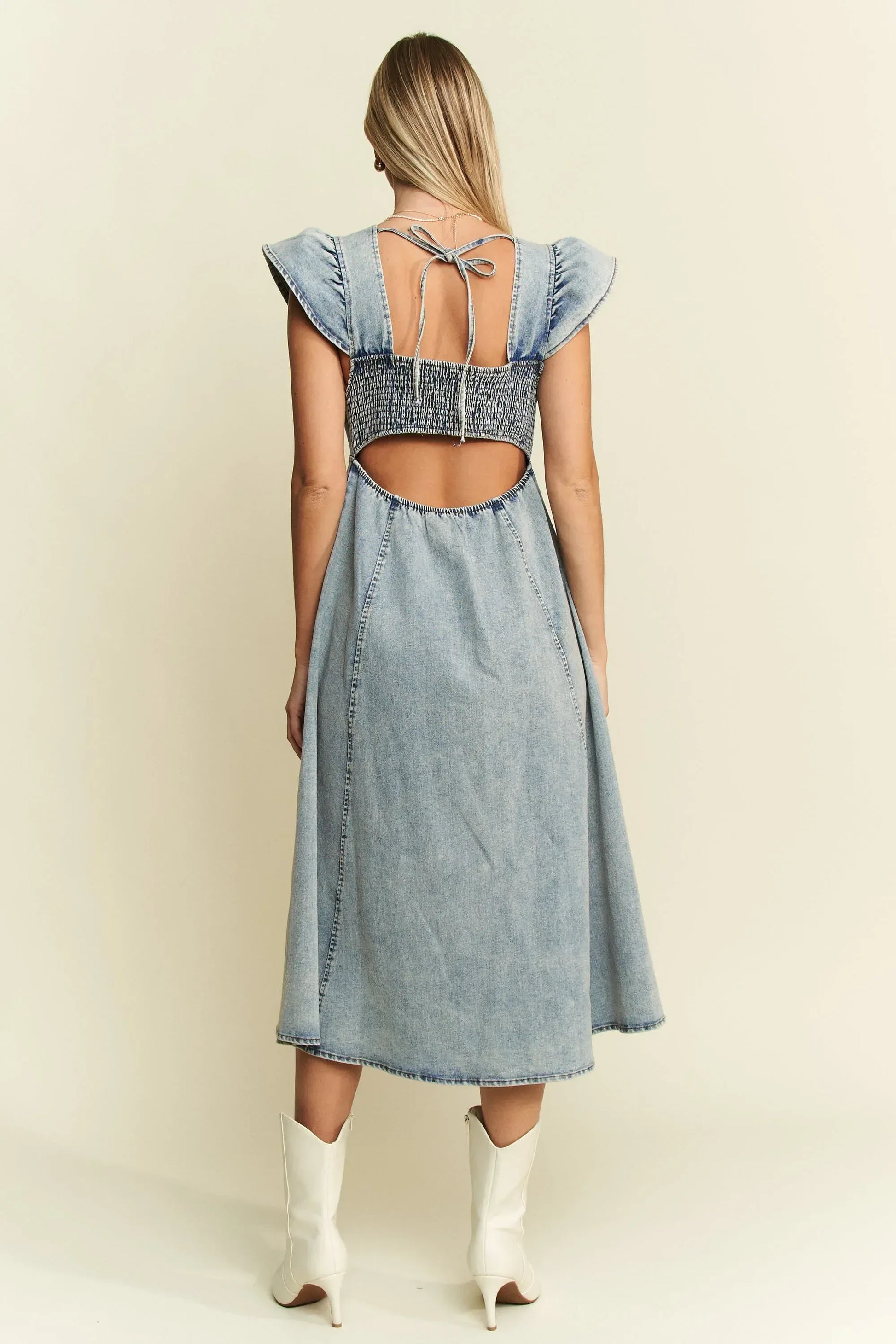 Jade By Jane Ruffled Denim Midi Dress - DAVERRI FASHIONS