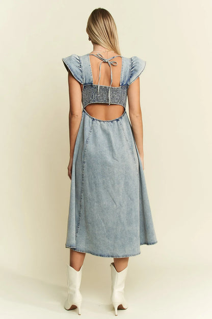 Jade By Jane Ruffled Denim Midi Dress - DAVERRI FASHIONS