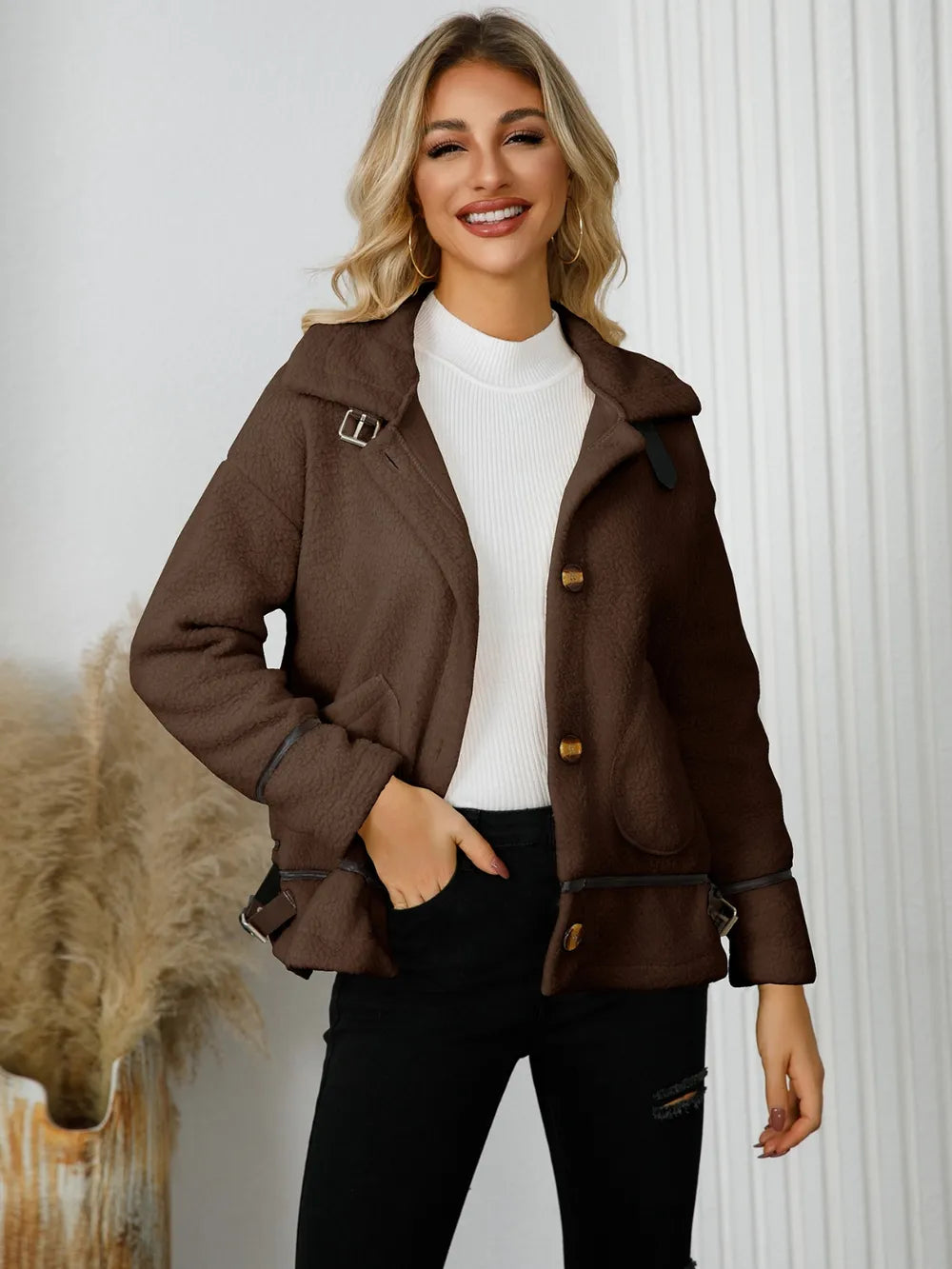 Pocketed Button Down Collared Neck Jacket | Jackets Daverri Fashions