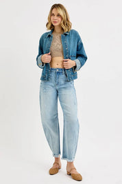 RISEN Oversized Cargo Pocket Denim Jacket with Cuffed Sleeves | Denim Jackets Daverri Fashions
