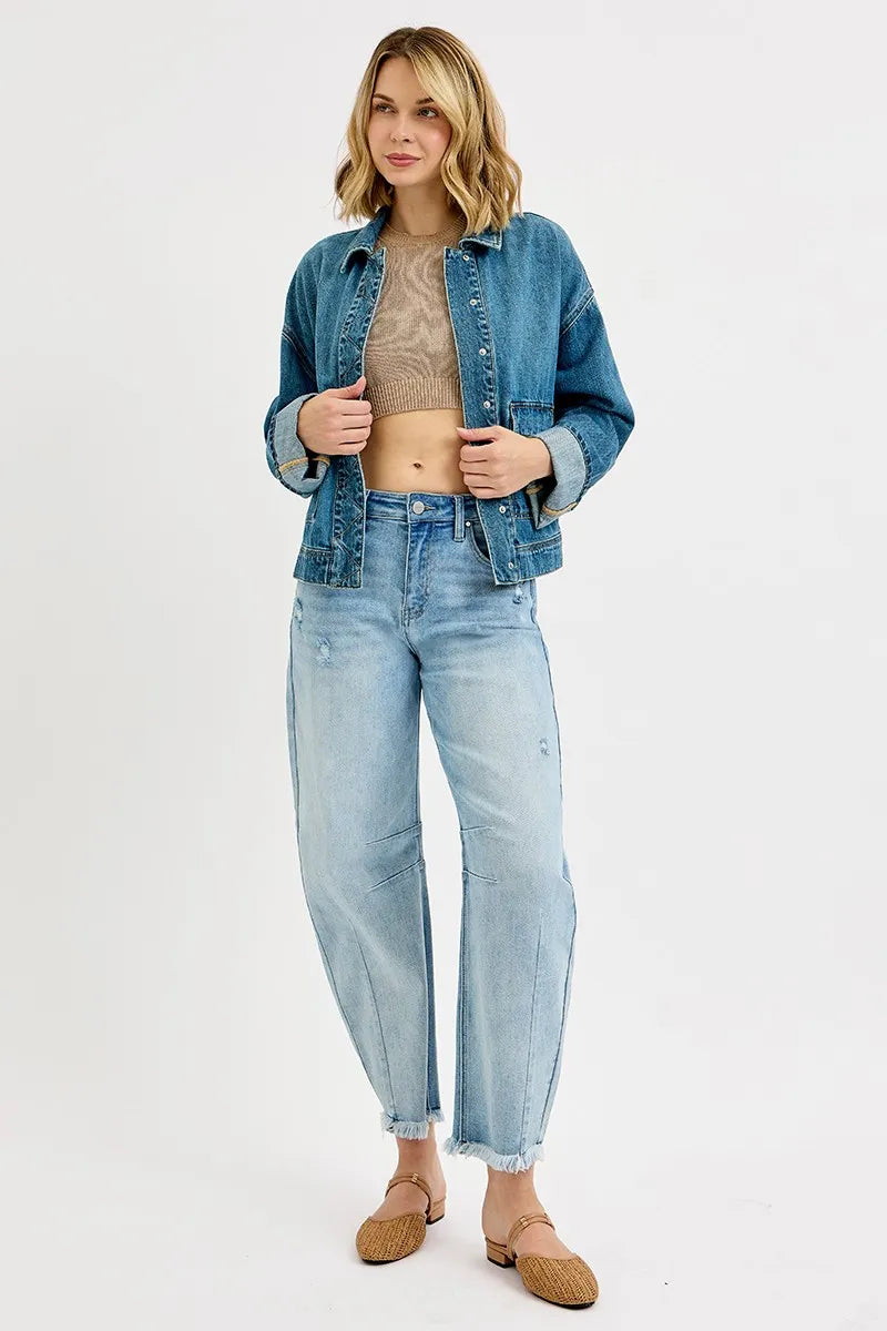 RISEN Oversized Cargo Pocket Denim Jacket with Cuffed Sleeves Denim Jackets