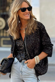 Sequin Zip Up Long Sleeve Jacket | Jackets Daverri Fashions