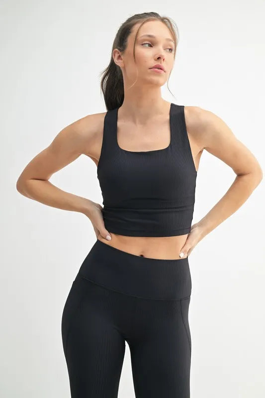 Square Neck Soft Ribbed Racerback Active Bra BLACK
