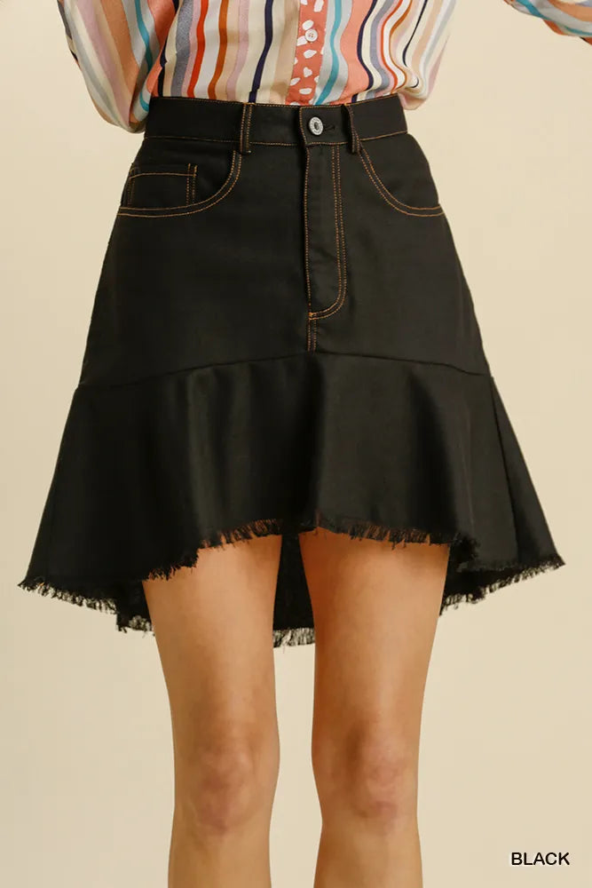 Umgee Linen Blend 5 Pockets High Low Skirt with Frayed Hem Black
