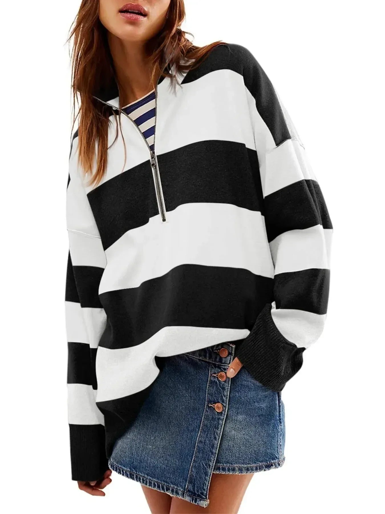 Striped Half-Zip Oversized Sweatshirt - DAVERRI FASHIONS