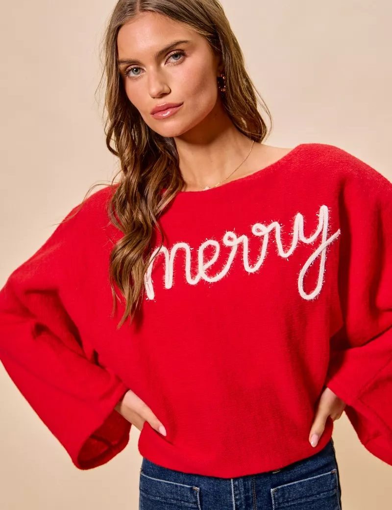 SO ME Merry Tinsel Lettering Christmas Sweater Top Red | Sweaters Daverri Fashions
