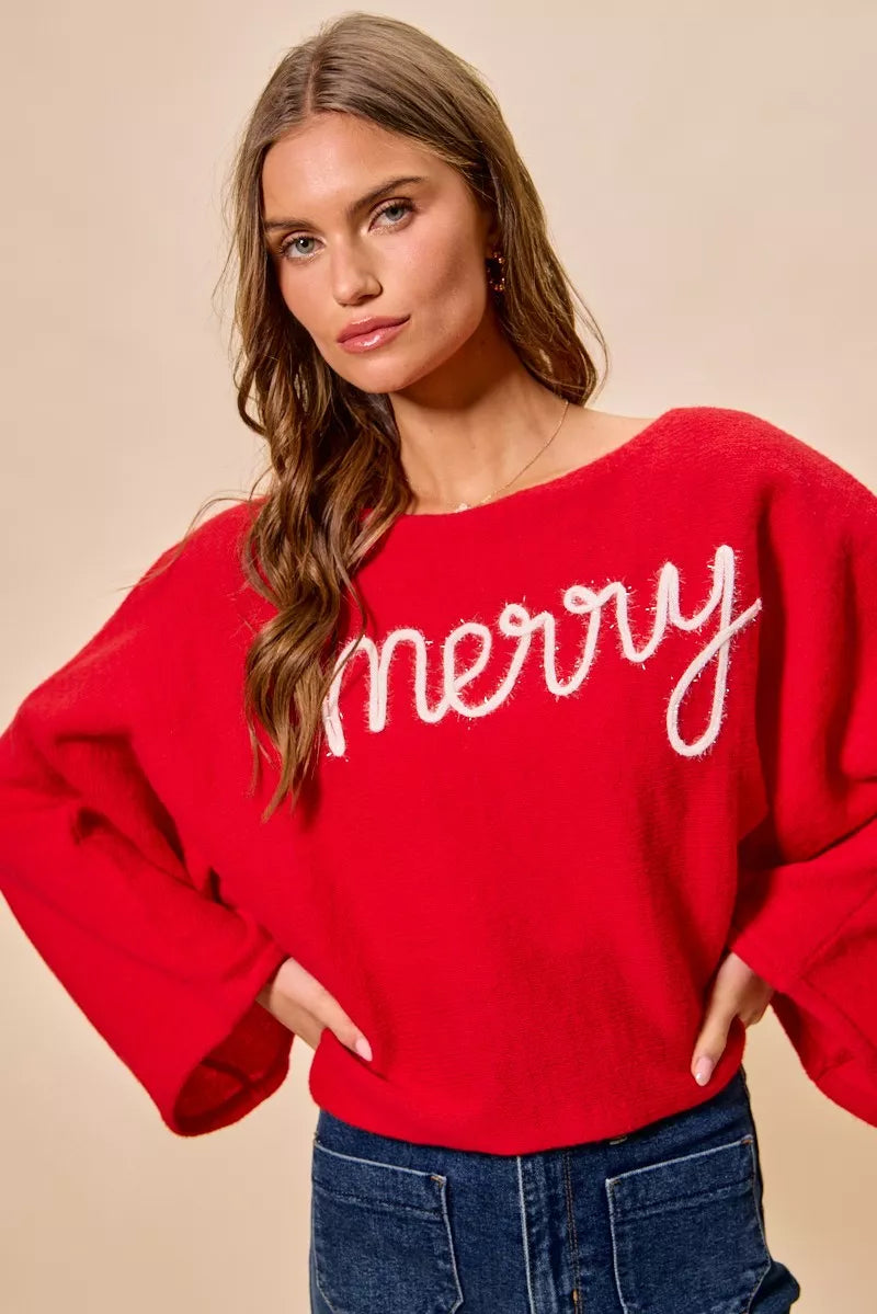 SO ME Merry Tinsel Lettering Christmas Sweater Top Red | Sweaters Daverri Fashions