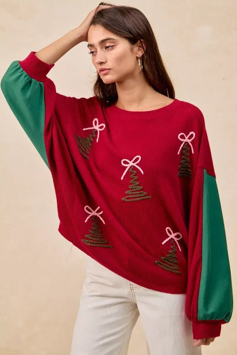 BiBi Christmas Theme Tree Embroidered Sweater - DAVERRI FASHIONS