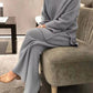 Cozy light gray ribbed knit plus size loungewear set with relaxed top and wide-leg pants