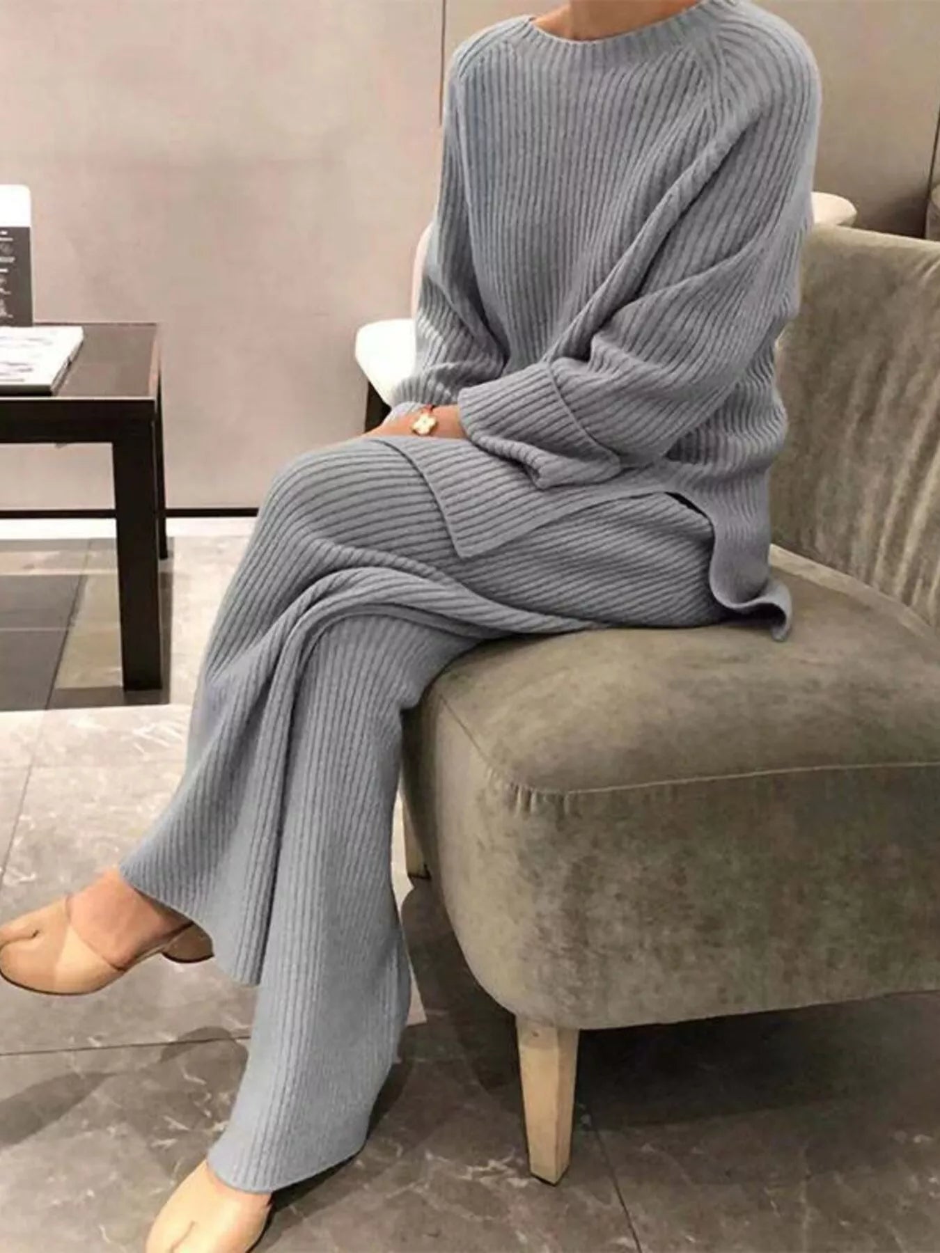 Cozy light gray ribbed knit plus size loungewear set with relaxed top and wide-leg pants