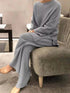 Cozy light gray ribbed knit plus size loungewear set with relaxed top and wide-leg pants