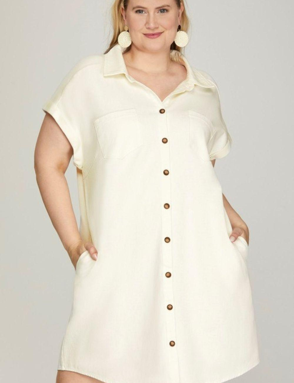 She + Sky Full Size Folded Cuff Button Down Washed Twill Shirt Dress Plus Size | Daverri Fashions