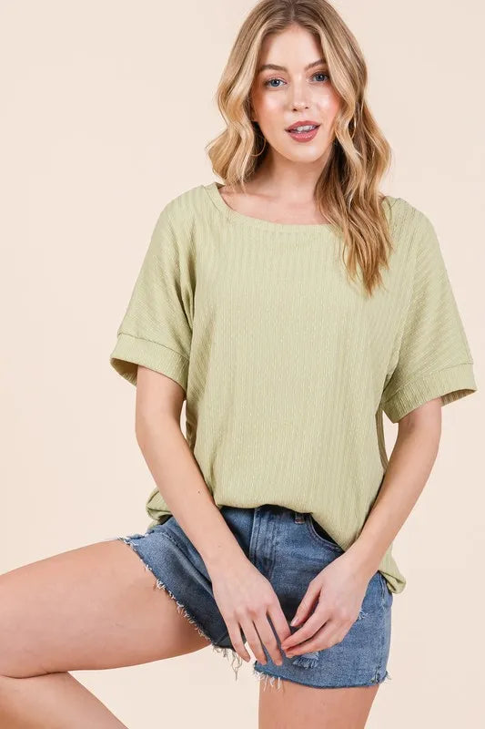 BOMBOM Rib Knit Short Sleeve T-Shirt