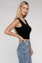 Ribbed Scoop Neck Cropped Sleeveless Top Tank Tops