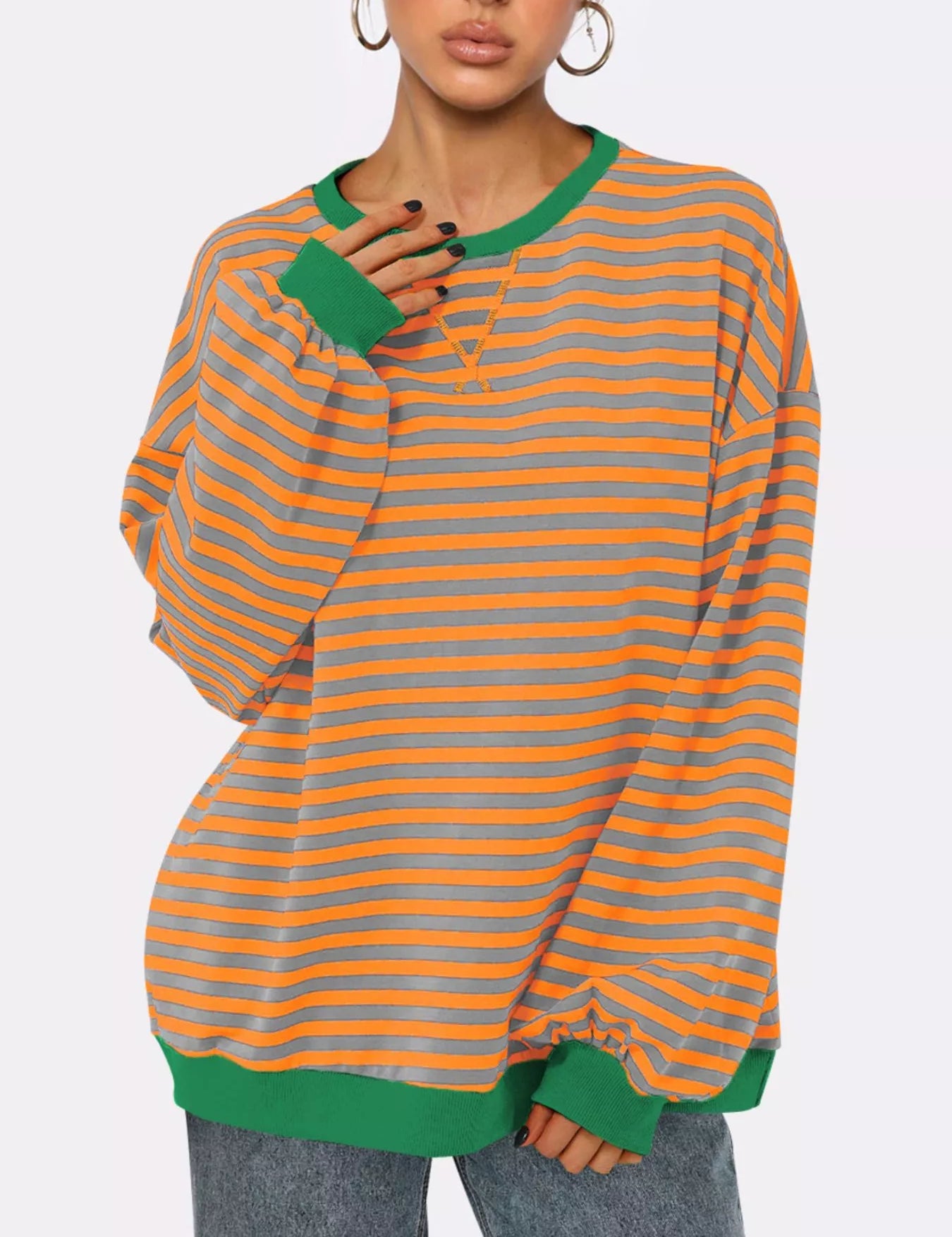 Striped Round Neck Long Sleeve Sweatshirt | Sweatshirts Daverri Fashions