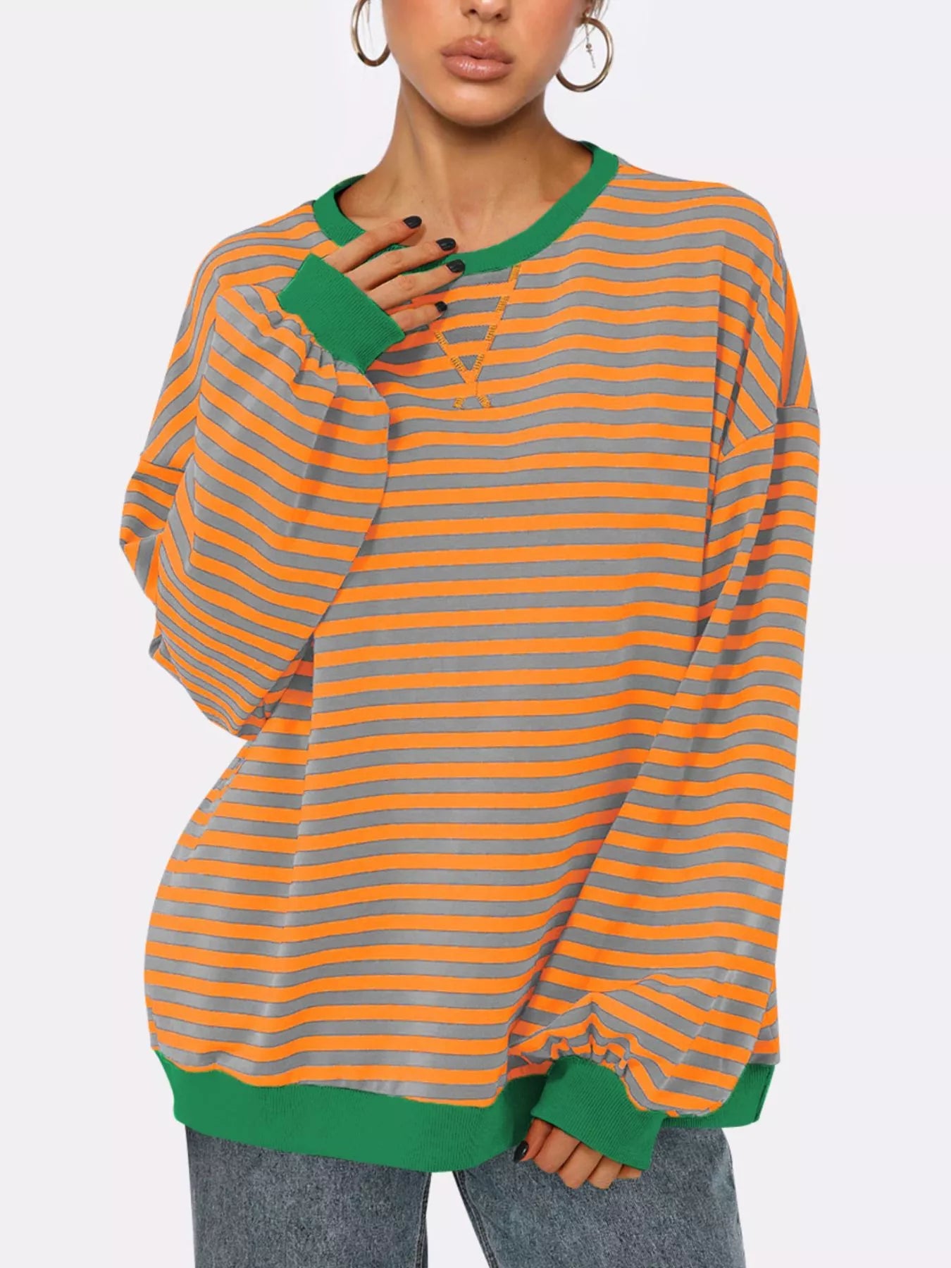 Striped Round Neck Long Sleeve Sweatshirt | Sweatshirts Daverri Fashions
