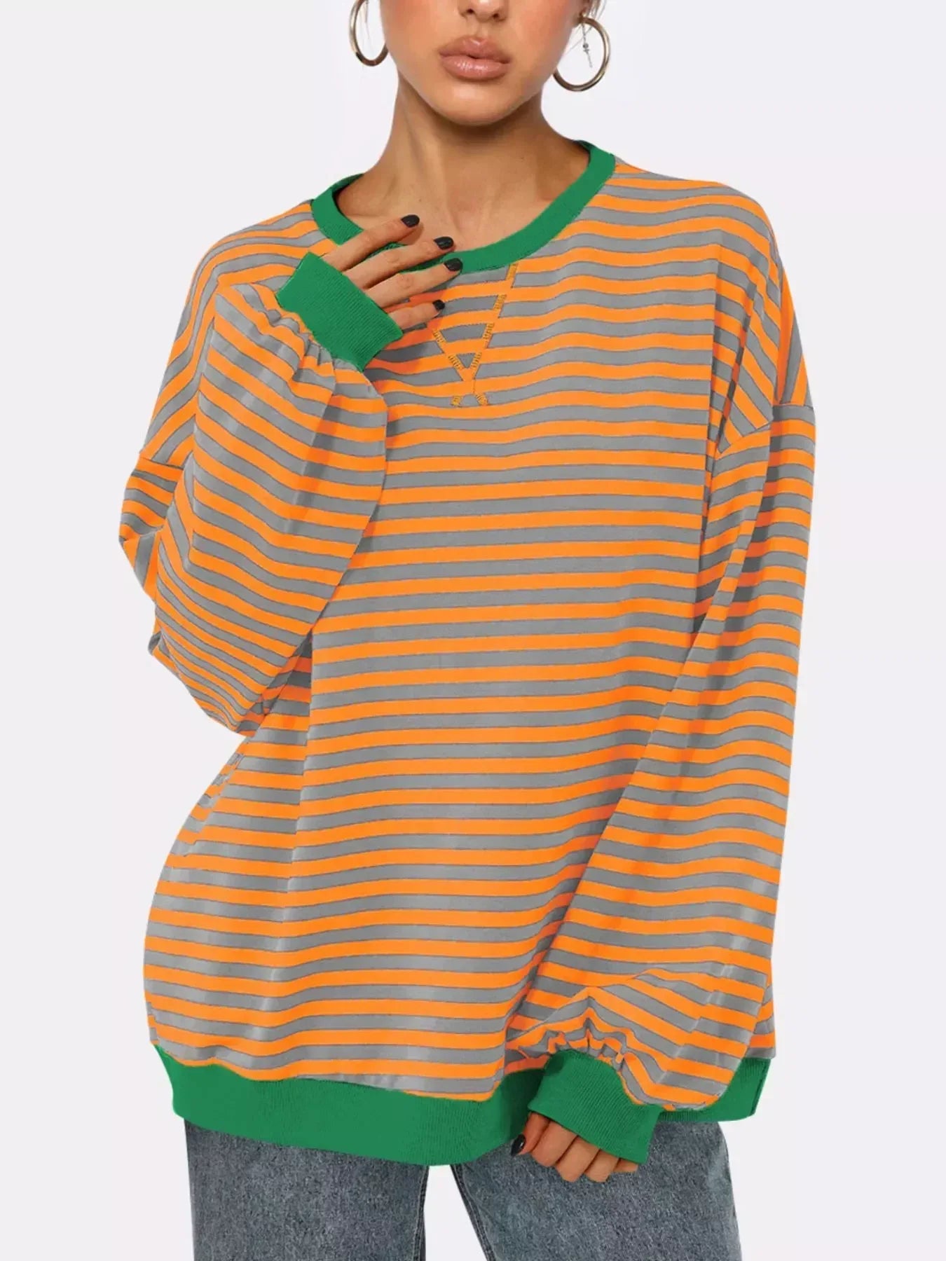 Striped Round Neck Long Sleeve Sweatshirt - DAVERRI FASHIONS