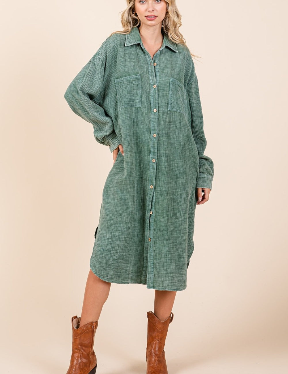 Mittoshop Mineral Wash Cotton Gauze Midi Shirt Dress Pine