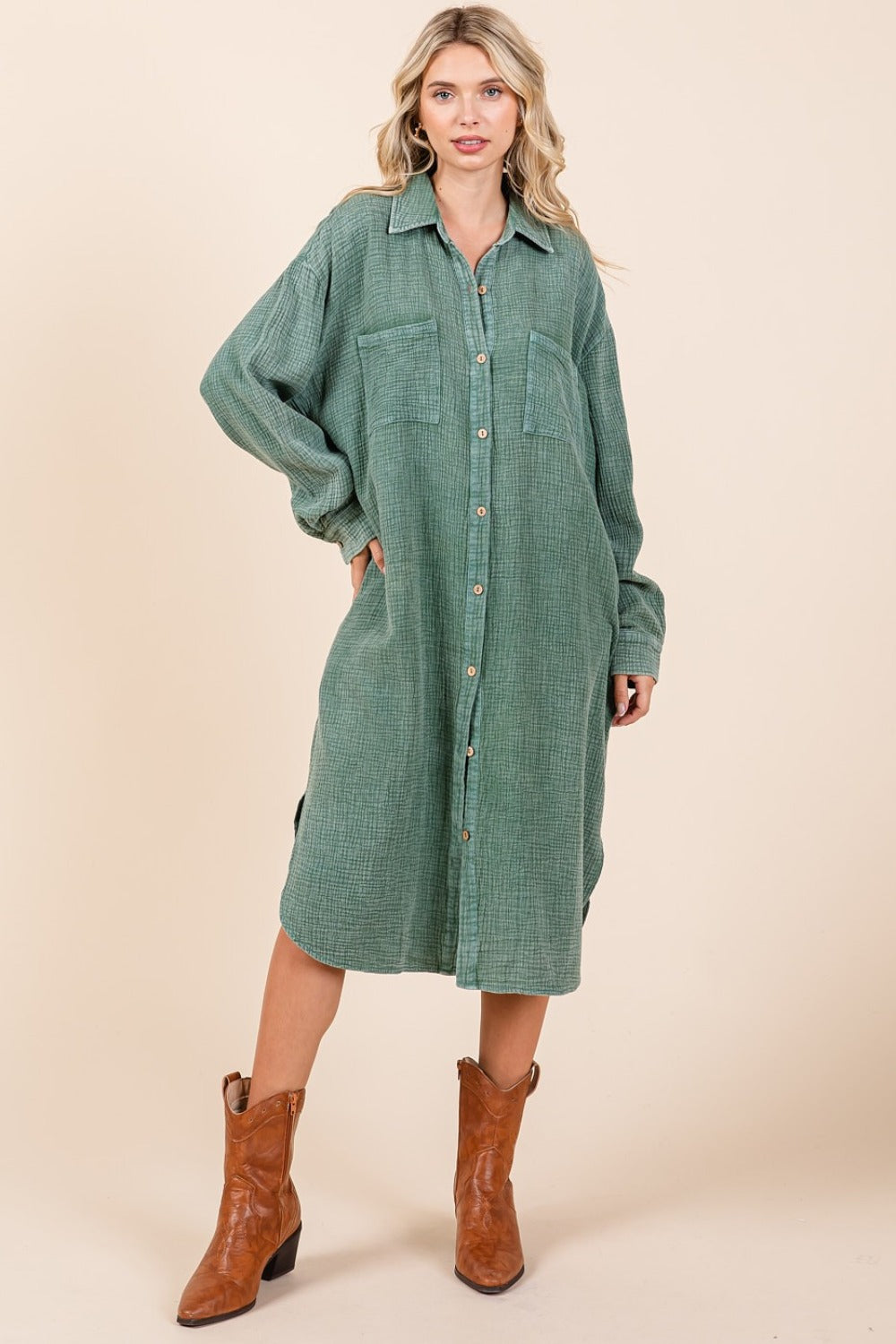 Mittoshop Mineral Wash Cotton Gauze Midi Shirt Dress Pine L Midi Dresses