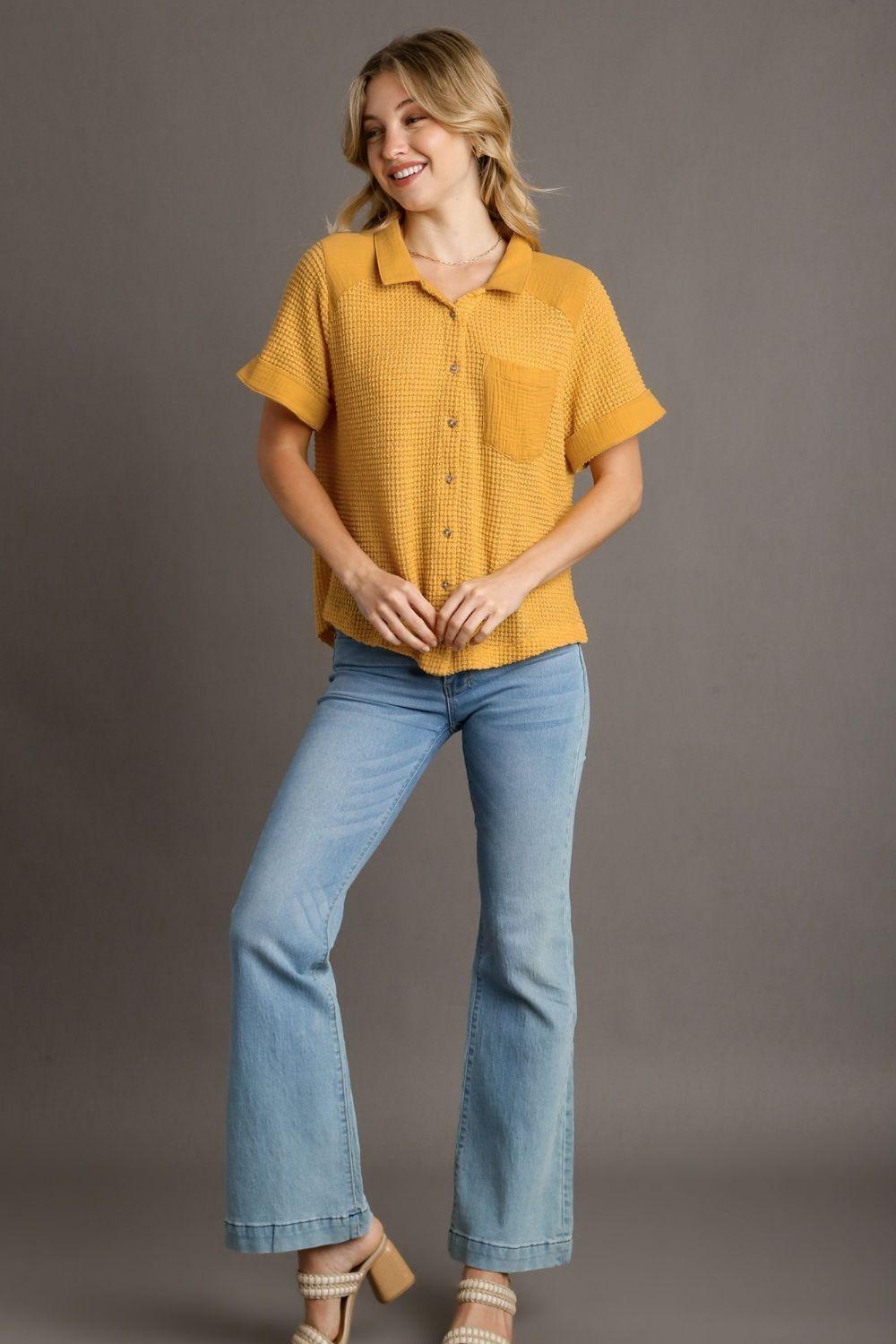 Umgee Full Size Waffle-Knit Short Sleeve Button Down Shirt Plus Size | Daverri Fashions