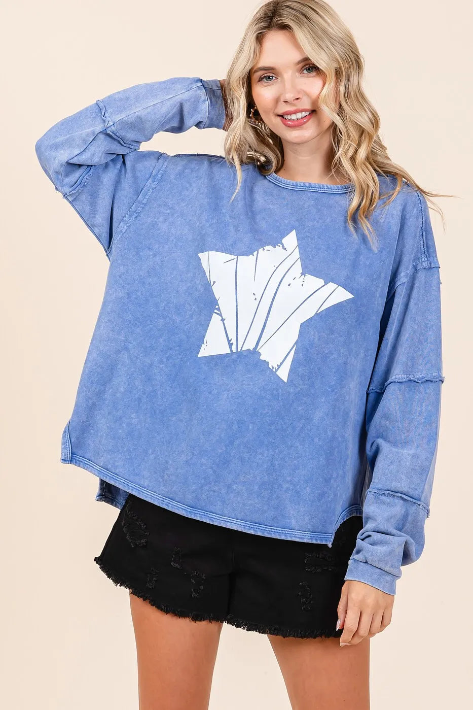 Mittoshop Star Graphic Mineral Wash Long Sleeve Top | Tops Daverri Fashions