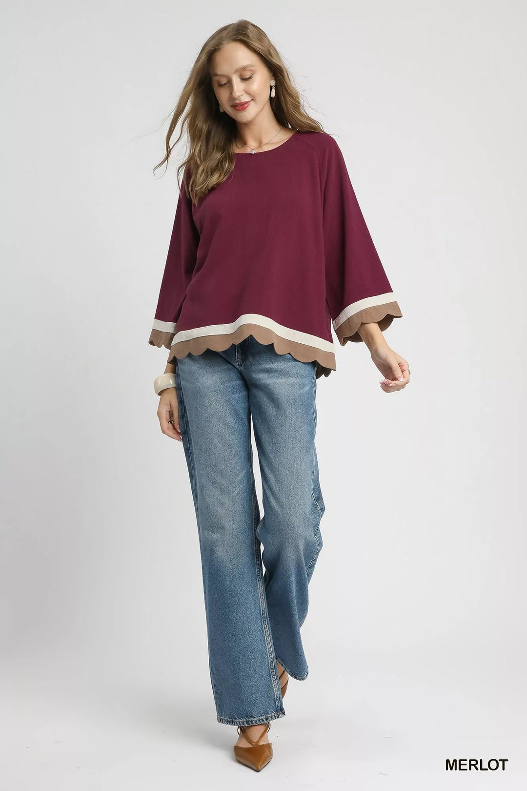 Umgee Scalloped Hem Color Block Top | Blouses Daverri Fashions